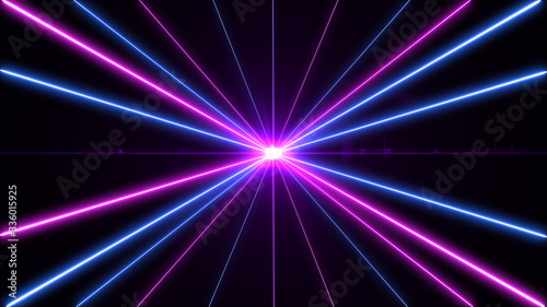 Retro cyberpunk style 80s. Abstract neon color light party bright lens flare on black background. Laser show colorful design for banners advertising technologies