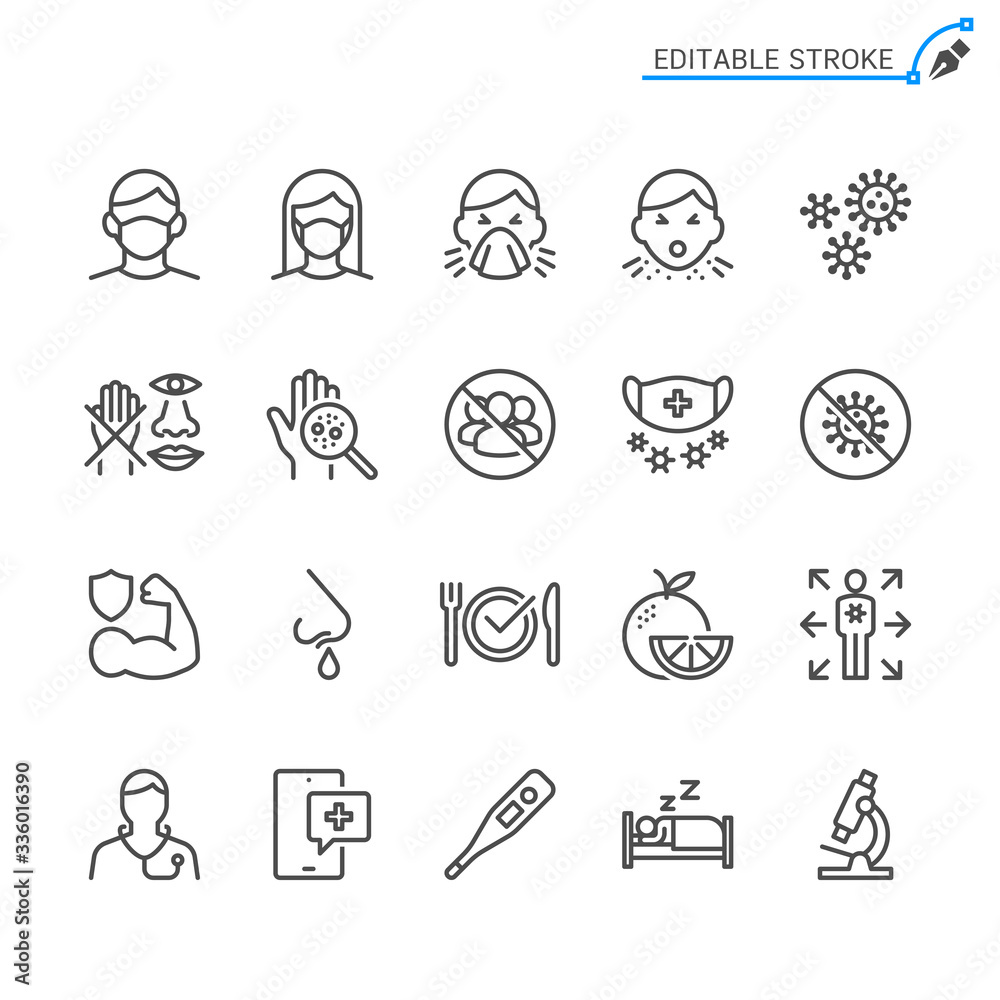 Fototapeta premium Cold and flu prevention line icons. Editable stroke. Pixel perfect.