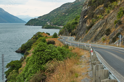 Scenic road at Lake Wakatipu in Otago on South Island of New Zealand 