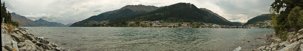 Panoramic view of Queenstown from Queenstown Gardens in Otago on South Island of New Zealand
