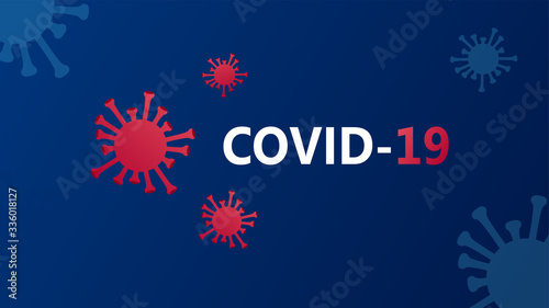 Vector blue background with red virus covid-19 or coronavirus. 2019-nCoV. Novel coronavirus pandemic. Flat vector modern design