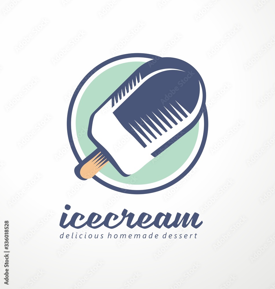 Ice cream logo design idea with vanilla ice cream on the stick and round circle shape. Vector symbol for homemade dessert. Icecream icon illustration. Ice cream logo design idea with vanilla ice cream on the stick and round circle shape. Vector symbol for homemade dessert. Icecream icon illustration.