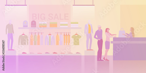 People shopping in Clothes Store Fashion Shop Mall Flat vector illustration. Customers paying at cash-desk