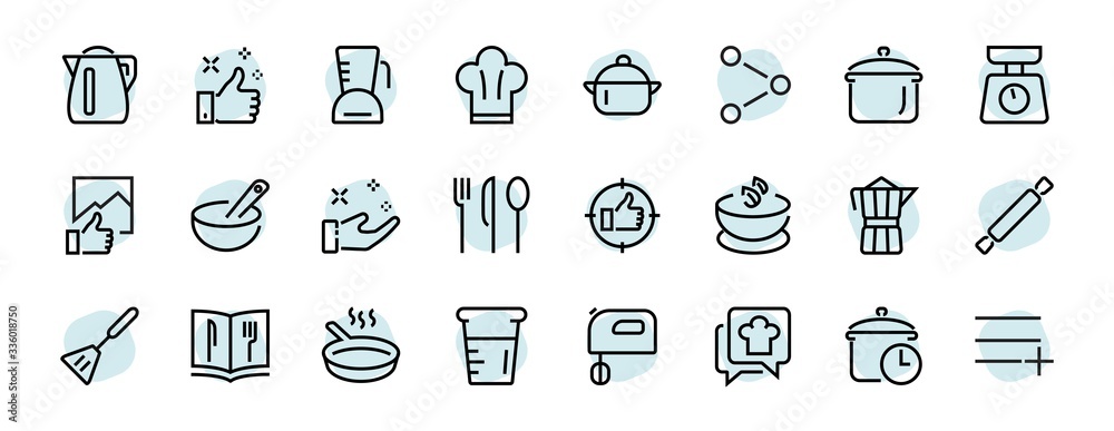 Set of icons for cooking and kitchen, vector lines, contains icons such as a knife, saucepan, boiling time, mixer, scales, recipe book. Editable stroke, perfect 480x480 pixels, white background Set of icons for cooking and kitchen, vector lines, contains icons such as a knife, saucepan, boiling time, mixer, scales, recipe book. Editable stroke, perfect 480x480 pixels, white background