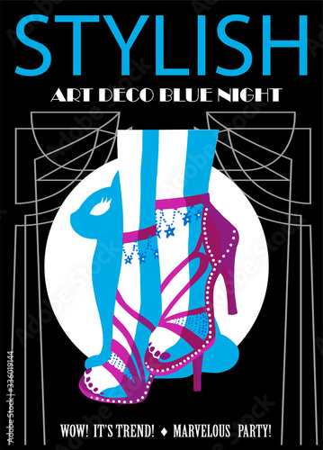 Abstract woman's legs with cat and moon. Art Deco style. Fashion magazine cover design