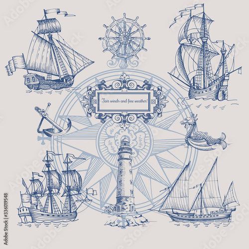 Set of decorative elements for the design of an old geographical map. Ancient caravel, sea monsters, anchor, ship's wheel, compass-meter, wind rose, framework for inscriptions, cartouche.