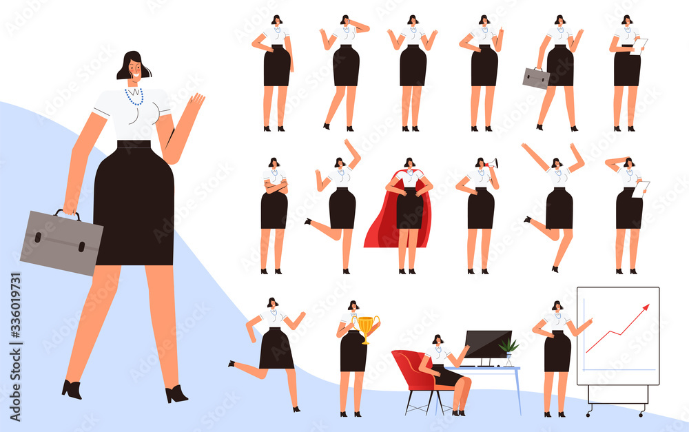 Set of modern businesswoman in various poses and situations. Business mascot for design and animation.