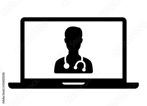 Telemedicine or telehealth virtual visit / video visit with male doctor on laptop computer flat vector icon for healthcare apps and websites