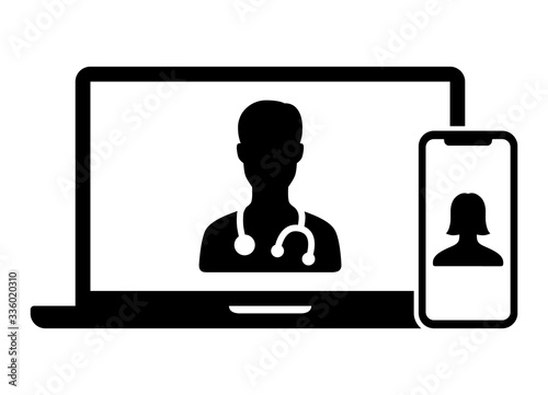 Telemedicine or telehealth virtual visit / video visit between doctor and patient on laptop computer and mobile phone device flat vector icon for healthcare apps and websites