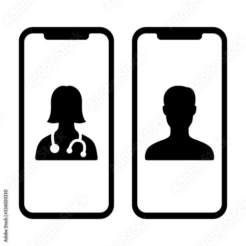 Telemedicine or telehealth virtual visit / video visit between two mobile phones flat vector icon for healthcare apps and websites