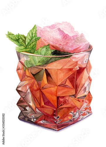 Fairytale Negroni - Cocktail with Fairy Floss and Mint in a Glass - Watercolour Food Illustration