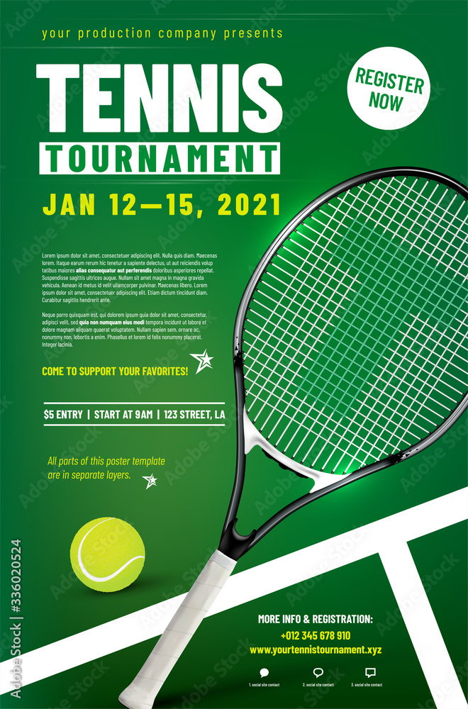 Tennis tournament poster template with racket and ball Stock Vector ...