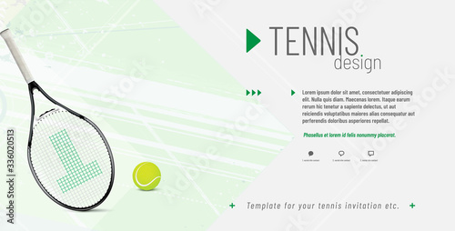 Tennis invitation template with ball, racket and sample text