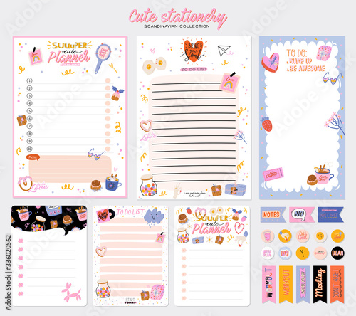 Collection of weekly or daily planner, note paper, to do list, stickers templates decorated by cute love illustrations and inspirational quote. School scheduler and organizer. Flat vector