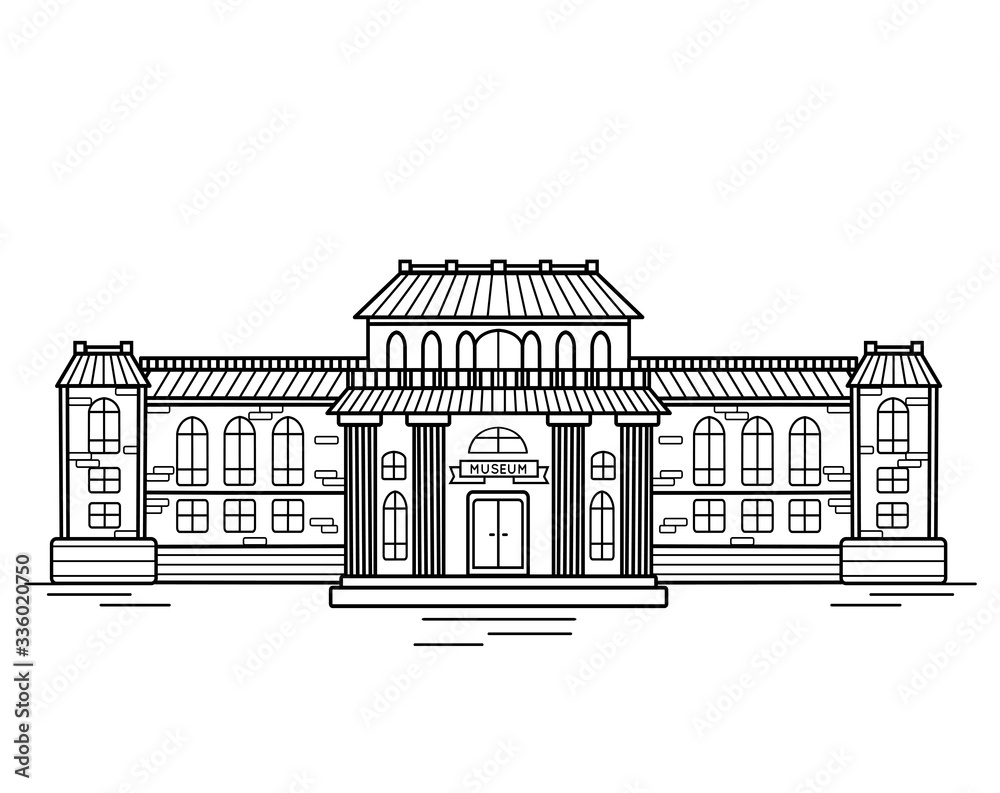 Contour illustration of the facade of the museum building. Historic building with columns. Vector black and white outline object for illustrations, brochures and your design.