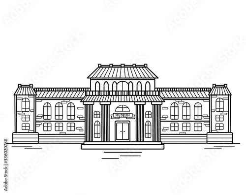 Contour illustration of the facade of the museum building. Historic building with columns. Vector black and white outline object for illustrations, brochures and your design.