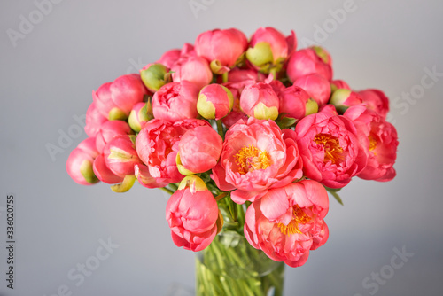 Coral peonies in a glass vase on wooden table. Beautiful peony flower for catalog or online store. Floral shop concept . Beautiful fresh cut bouquet. Flowers delivery.