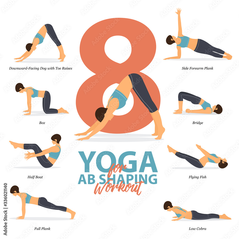 Infographic of 8 Yoga poses for ab shaping workout in flat design. Beauty  woman is doing exercise for body stretching. Set of yoga sequence  Infographic. Yoga Cartoon Vector art and Illustration. Stock