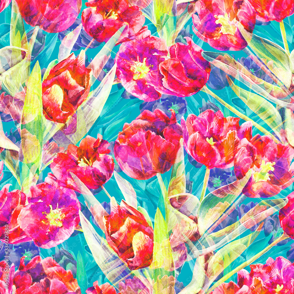Bright watercolor tulips. Seamless pattern. Spring and summer design for textile, fabric, wallpaper, background, packaging, wrapping paper, covers.