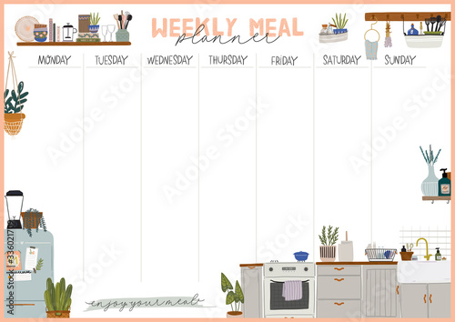 Collection of weekly or daily planner, note paper, to do list, stickers templates decorated with interior kitchen illustrations and inspirational quote. School scheduler and organizer. Flat vector
