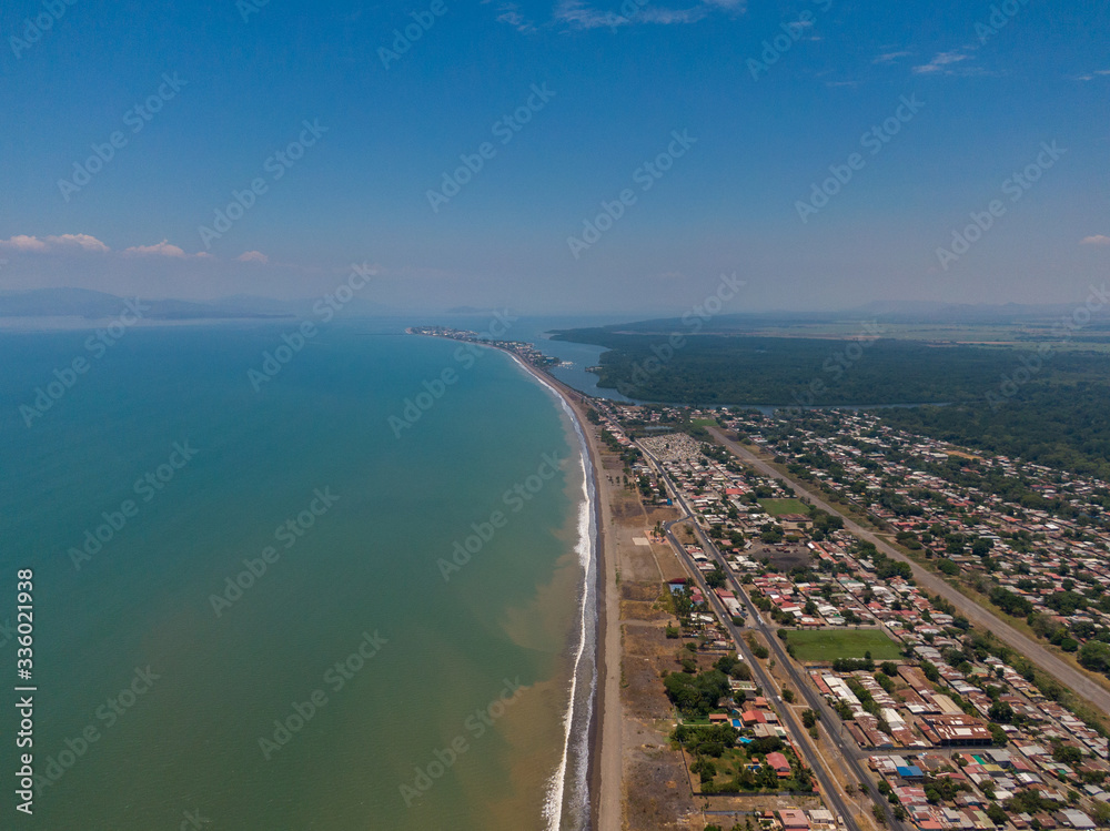 Beautiful aerial view of the city of Puntarenas and the Paseo de los turistas at the sunset in Costa Rica Beautiful aerial view of the city of Puntarenas and the Paseo de los turistas at the sunset in Costa Rica