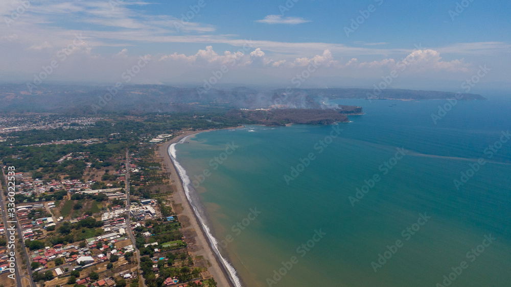 Beautiful aerial view of the city of Puntarenas and the Paseo de los turistas at the sunset in Costa Rica