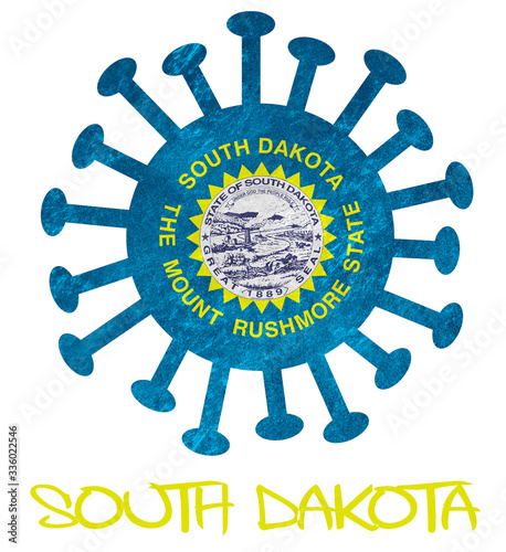 State flag of South Dakota with corona virus or bacteria