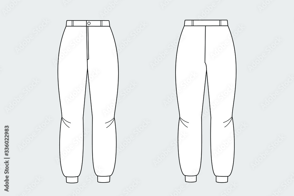 Trousers vector template isolated on a grey background. Female model. Front and back view. Outline fashion technical sketch of clothes model. Trousers vector template isolated on a grey background. Female model. Front and back view. Outline fashion technical sketch of clothes model.