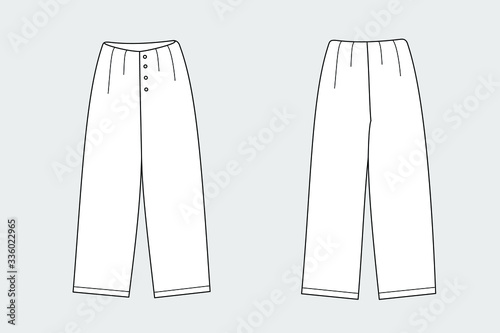 Female pants vector template isolated on a grey background. Front and back view. Outline fashion technical sketch of clothes model.
