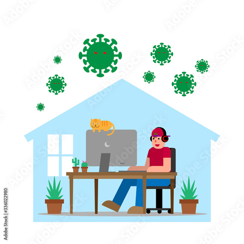 Relax Man Working at Home with His Cat Protected from COVID-19 virus. Quarantine and Protect Concept Flat Design.