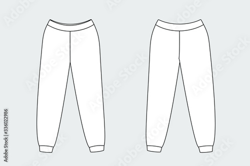 Unisex male, female trousers vector template isolated on a grey background. Front and back view. Outline fashion technical sketch of clothes model.