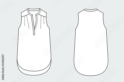 Female blouse vector template isolated on a grey background. Front and back view. Outline fashion technical sketch of clothes model.