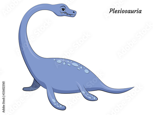 Cute cartoon plesiosauria dino character. Vector isolated dinosaur in bright colors.