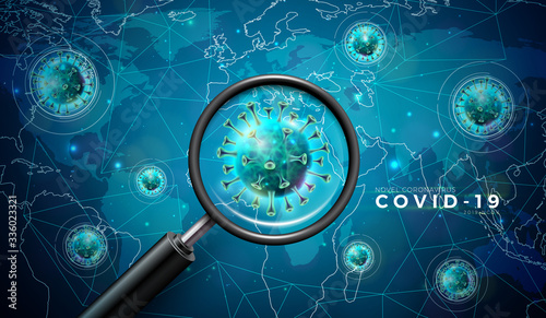Covid-19. Coronavirus Outbreak Design with Virus Cell and Magnifying Glass in Microscopic View on World Map Background. Vector 2019-ncov Corona Virus Illustration on Dangerous SARS Epidemic Theme