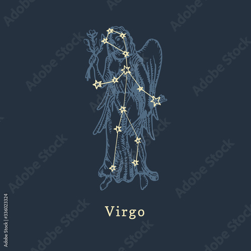 Zodiac constellation of Libra in engraving style. Vector retro graphic illustration of astrological sign Scales.