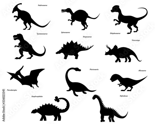 Set of dinosaur silhouettes isolated on white background.