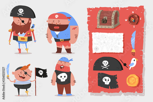 Cute pirates characters and elements vector cartoon set isolated on background.