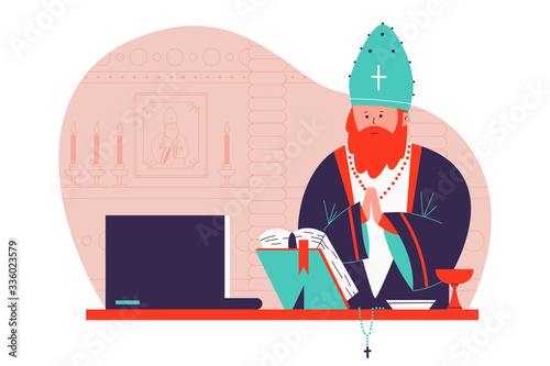 Pastor preaching in the church online vector cartoon illustration.