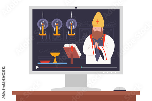 Priest preaching in the church online vector cartoon illustration.