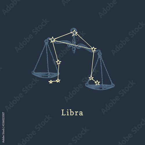 Zodiac constellation of Libra in engraving style. Vector retro graphic illustration of astrological sign Scales.