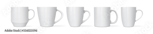 white  mugs of different designs isolated on white background mock up