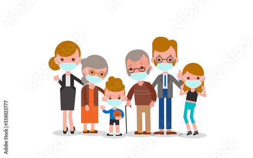 Family wearing Medical mask to prevent infection from spreading of Covid-19 Virus. Vector cartoon illustration in flat design style.