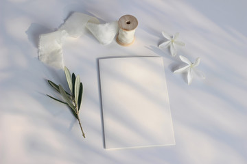 Summer wedding stationery mock-up scene. Blank greeting card, invitation, olive branch, white carissa macrocarpa, natal plum flowers and silk ribbon. White table background in sunrise light, shadows.