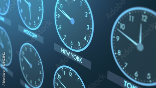 close up view of a wall of clocks with time of different cities (3d render)
