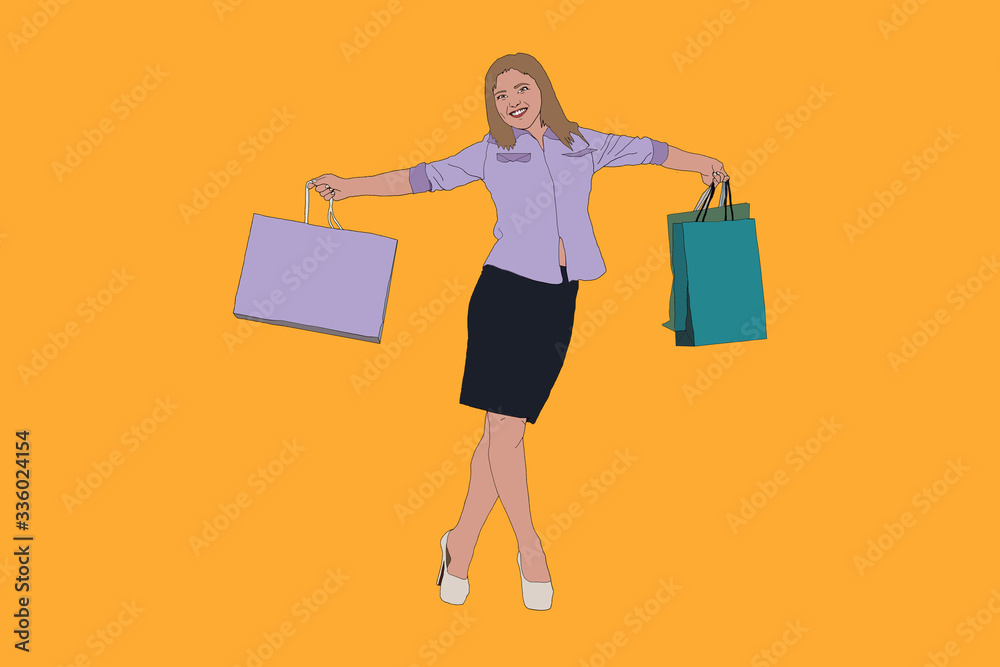 Woman with shopping bags, happy woman holds pockets with purchases, illustration Woman with shopping bags, happy woman holds pockets with purchases, illustration