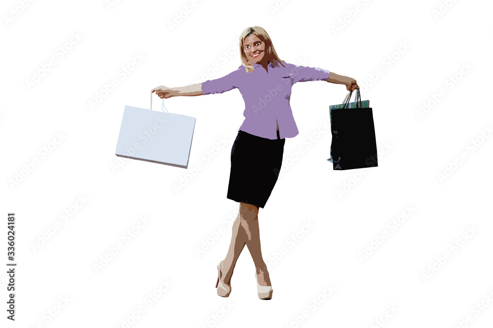 Woman with shopping bags, happy woman holds pockets with purchases, illustration Woman with shopping bags, happy woman holds pockets with purchases, illustration