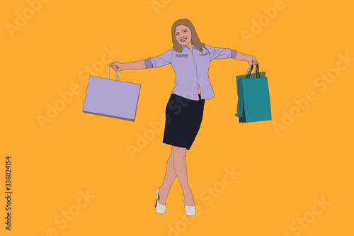 Woman with shopping bags, happy woman holds pockets with purchases, illustration