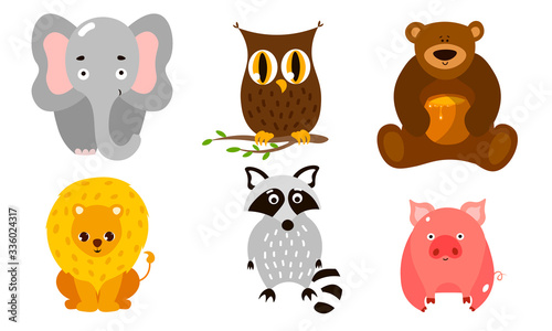 Funny cute domestic, farm and wild animals and birds vector illustration