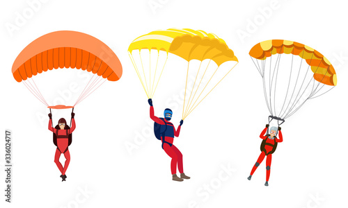 Happy smiling young people skydivers with parachutes enjoying flight vector illustration