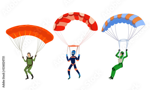 Happy smiling young people skydivers with parachutes vector illustration